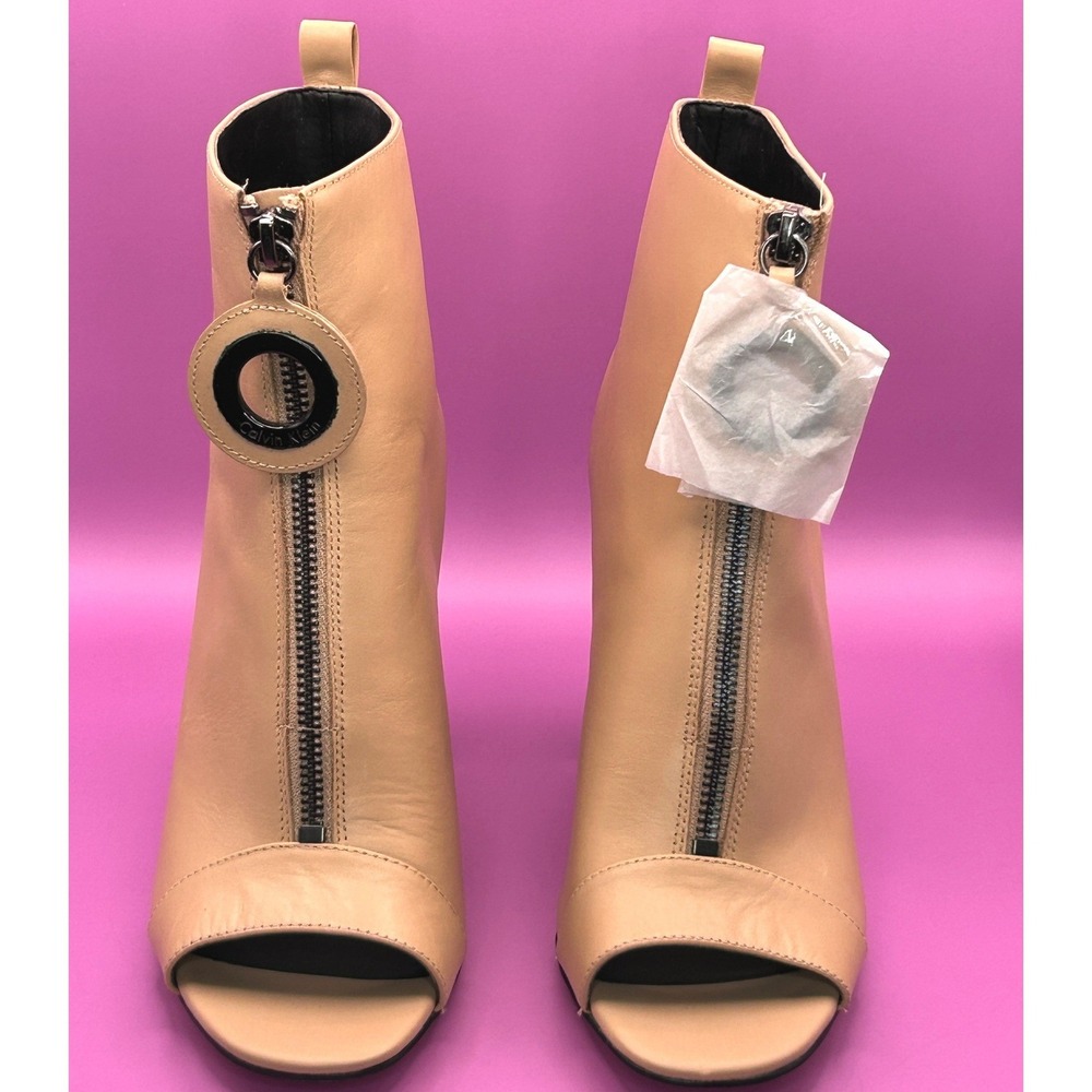 Calvin Klein Women's Minda Beige Leather Peep Toe Ankle Boots with Block Heel 7